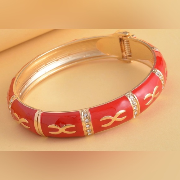 Red Enamel Bangle Bracelet 7.25” in Goldtone - Picture 3 of 5